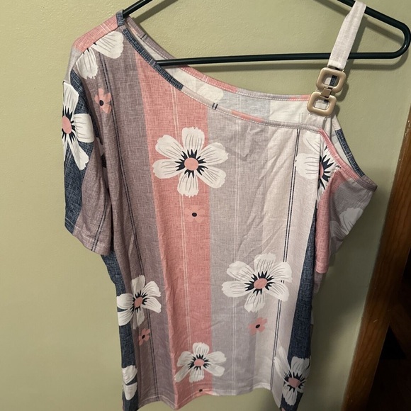 Floral Striped Women's Top - Pink, Blue, and Cream - Picture 2 of 3